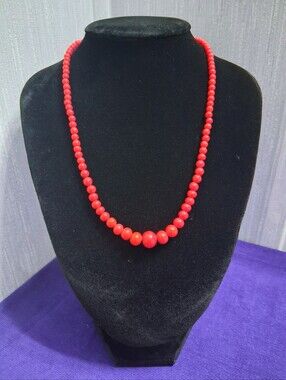 Vintage Cherry Red Coral Beaded Necklace Mid Century 50s 60s